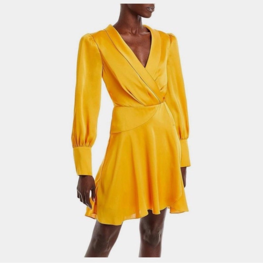 Golden Glow Satin Wrap Fit and Flare Ruffle Dress